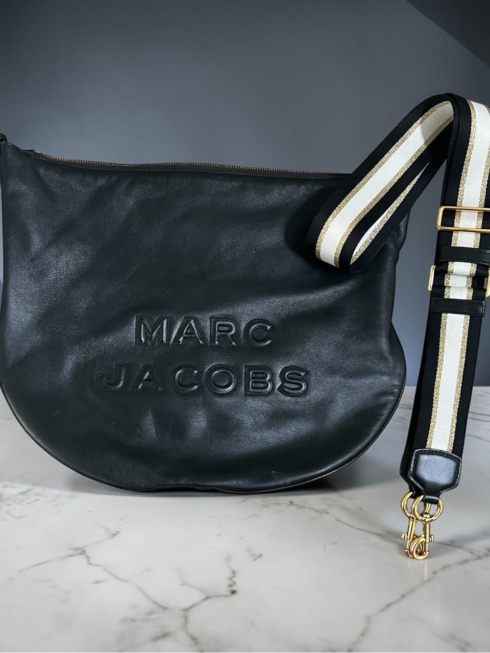 Marc Jacobs Black Leather Crossbody with Black and Cream Striped Strap